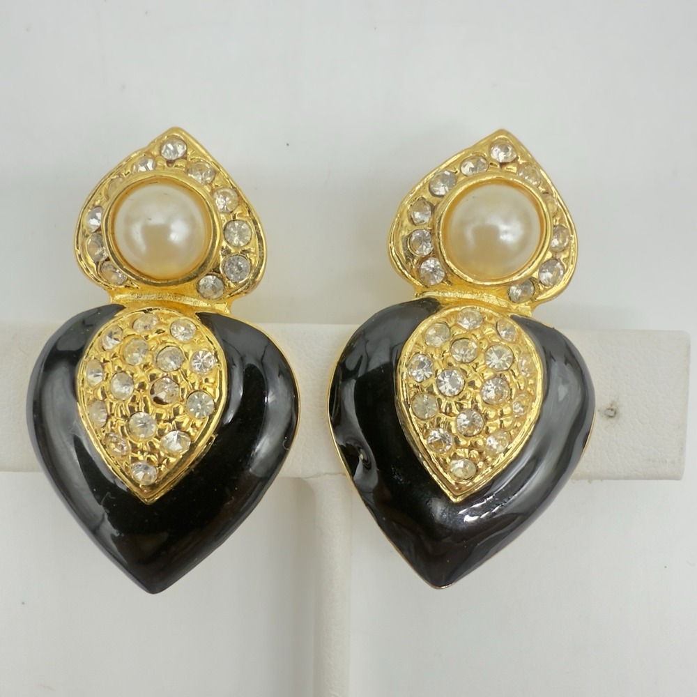 Vtg Pave Rhinestone Heart Earrings Faux Pearl Black Enamel Unsigned Designer